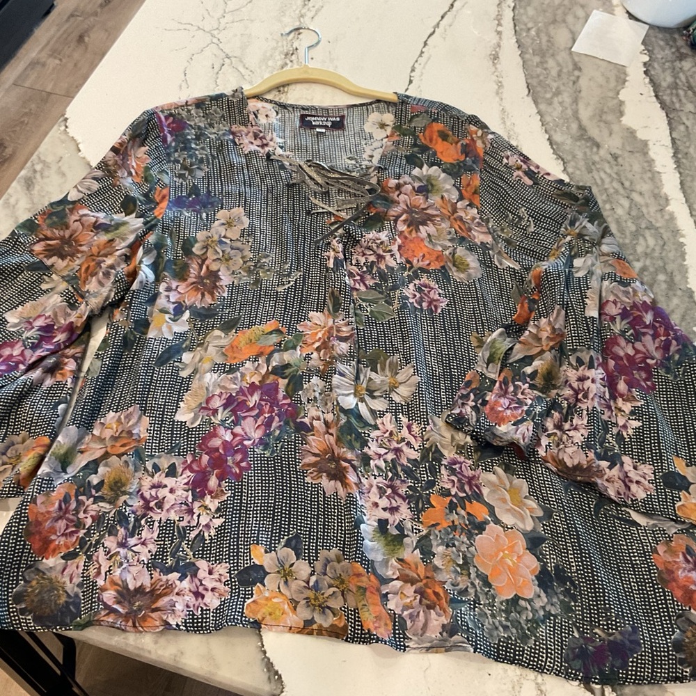 Johnny Was Workshop Multicolor Floral Lace-Up Blouse